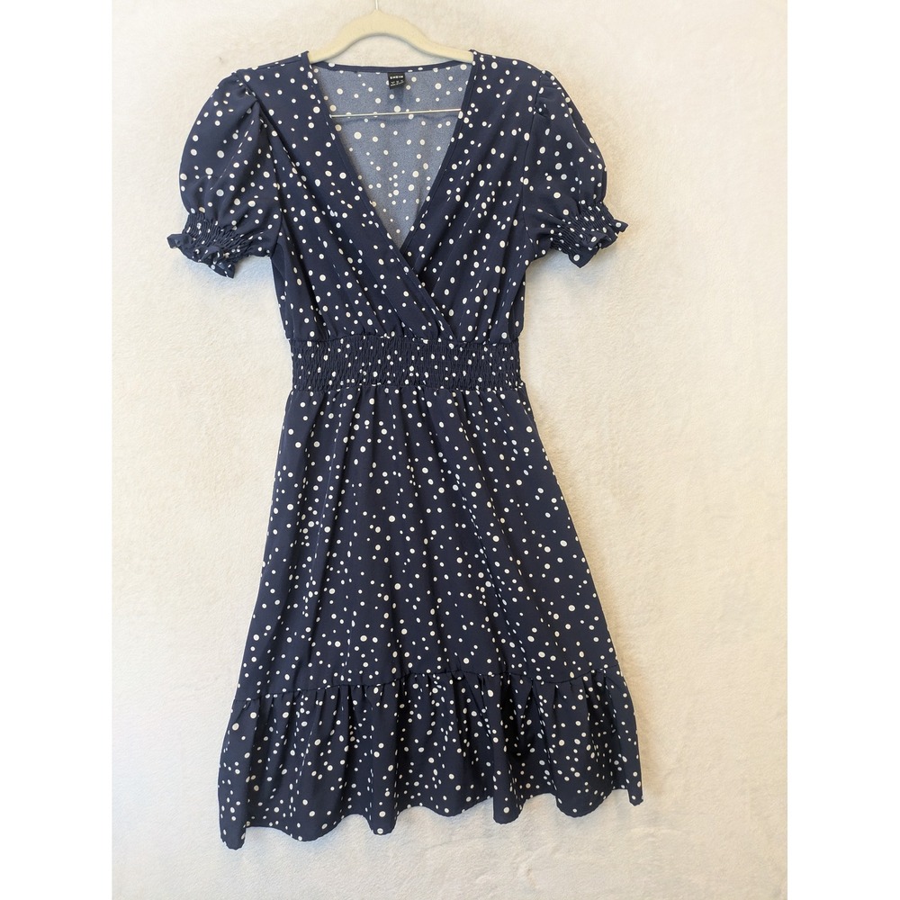 SHEIN Dress Women's Small Navy Blue Polka Dot Smocked Ruffle Hem‎ Puff Sleeve
